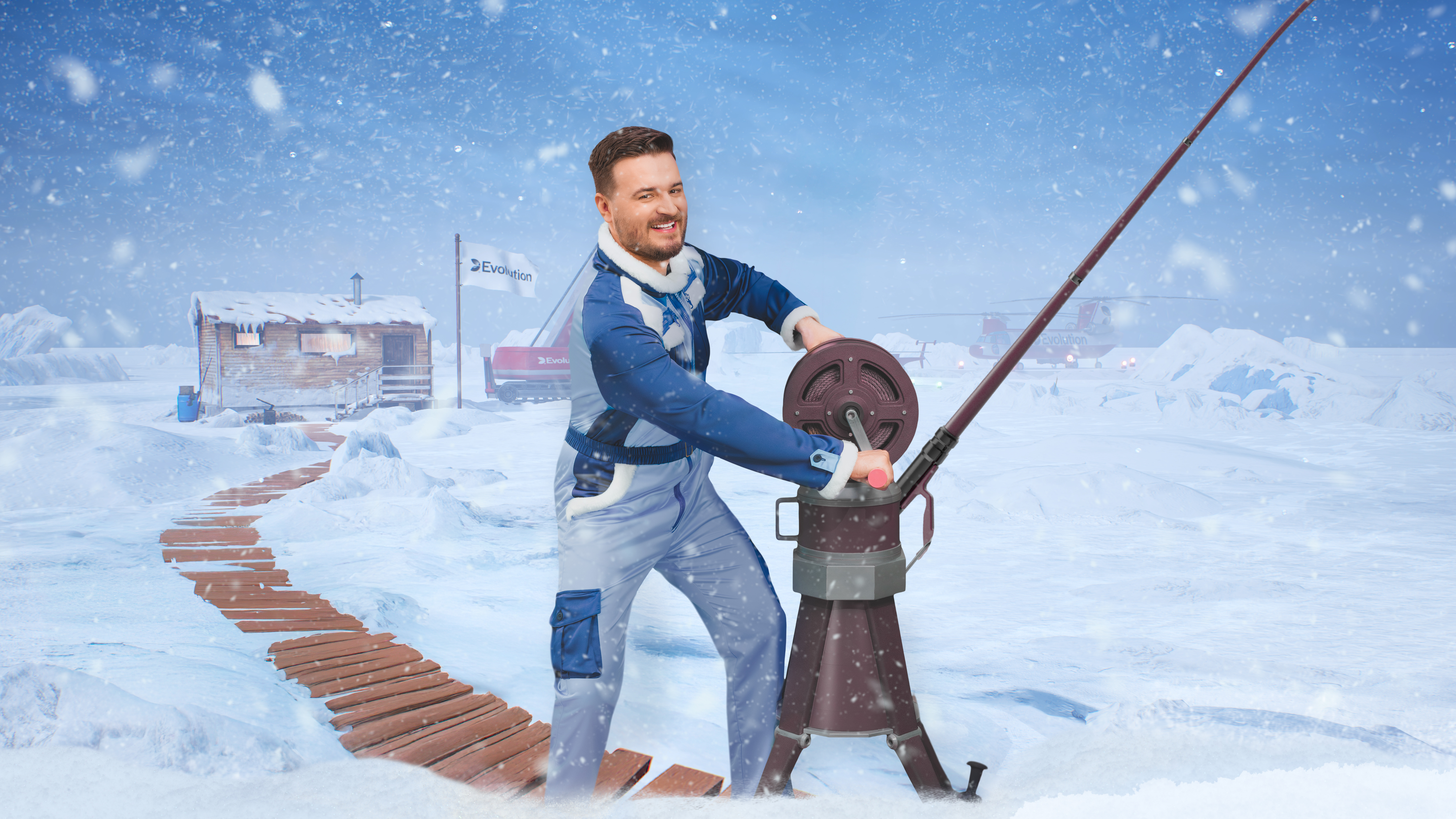 Smiling live game show host in Arctic gear reeling in a fishing rod on a snowy ice fishing set with cabins and helicopters in the background. - -