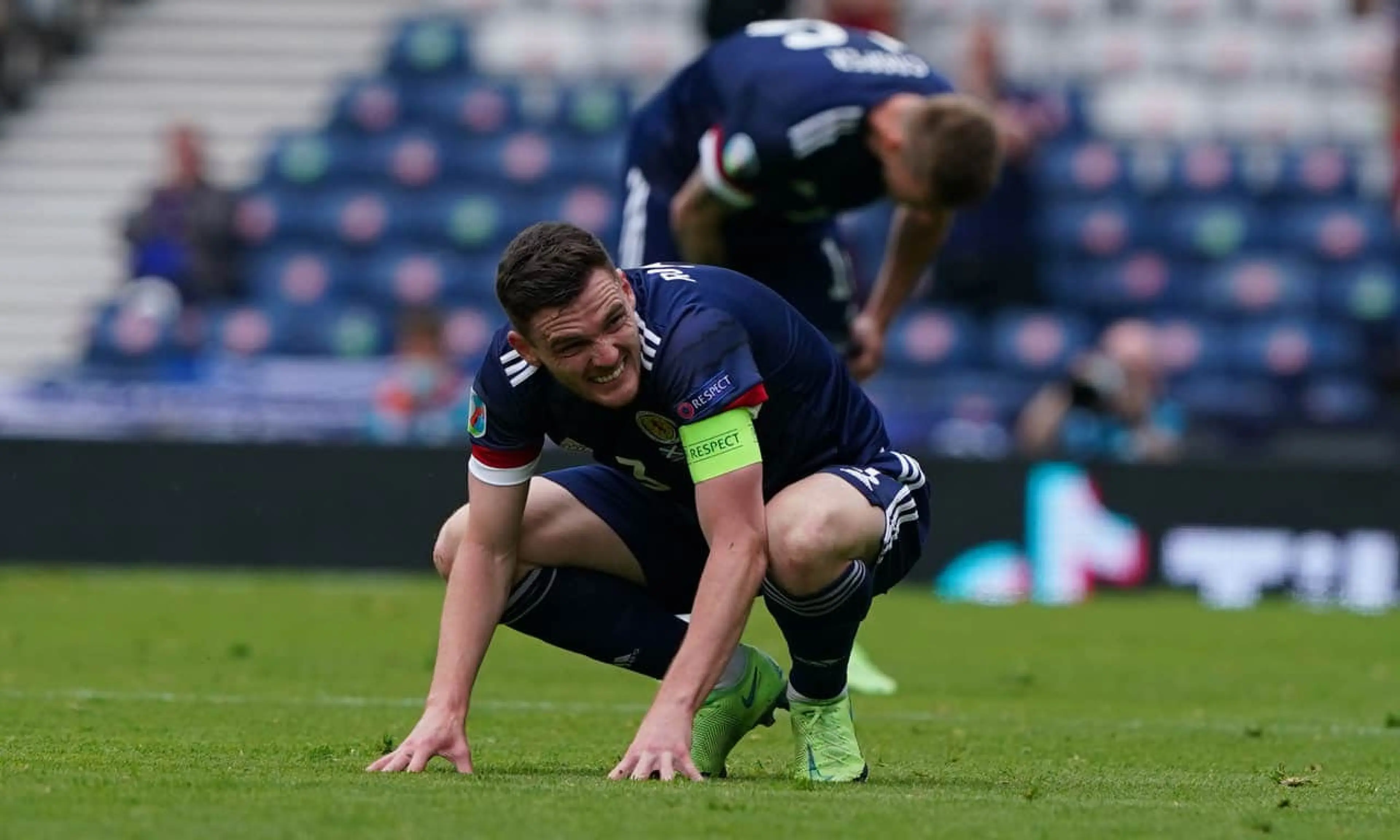 Andrew Robertson looks dejected after Scotland's defeat by the Czech Republic