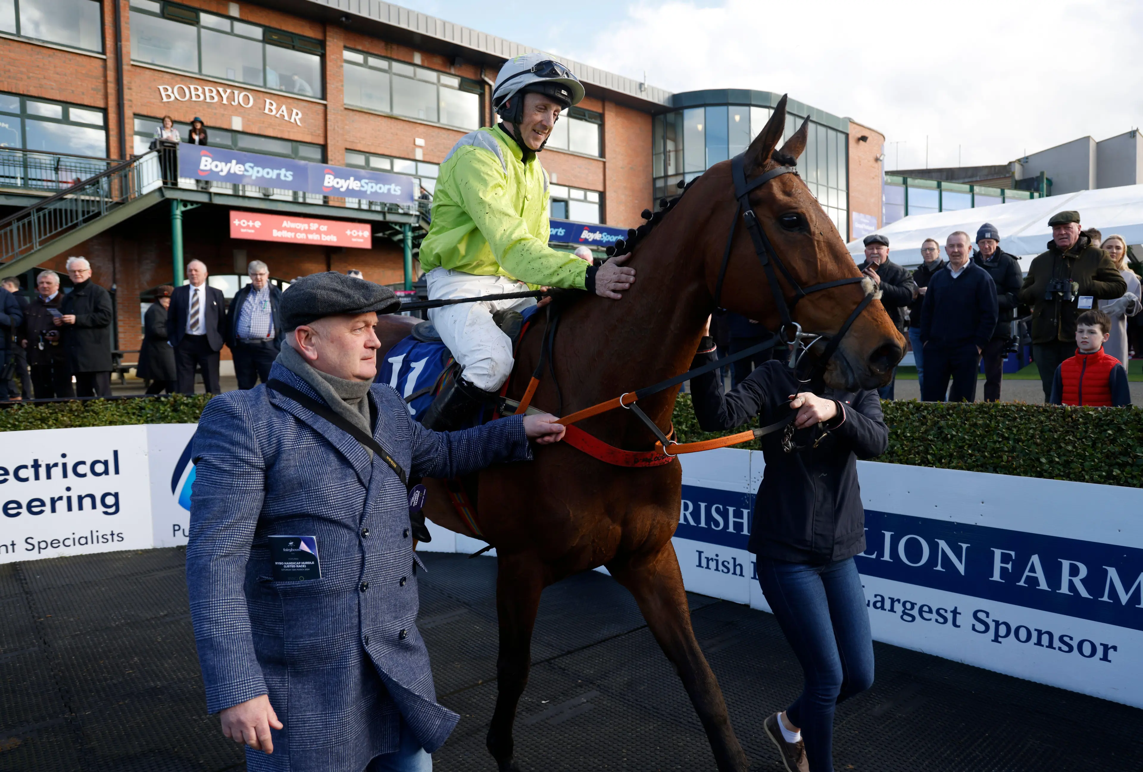 Mousey Brown and jockey Conor Maxwell after winning the I.N.H. Stallion Owners EBF Novice Handicap Hurdle Series Final during the Fairyhouse Easter Festival 2024 at Fairyhouse Racecourse in County Meath, Ireland. Picture date: Saturday March 30, 2024.